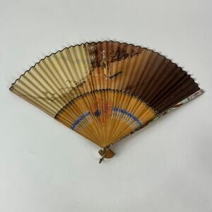 Antique Folding Hand Fan Victorian Woman Painted Mother of Pearl Wood Vintage